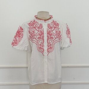 Avara White Short Pouf Sleeve Blouse with Red Floral Embroidery Sz L